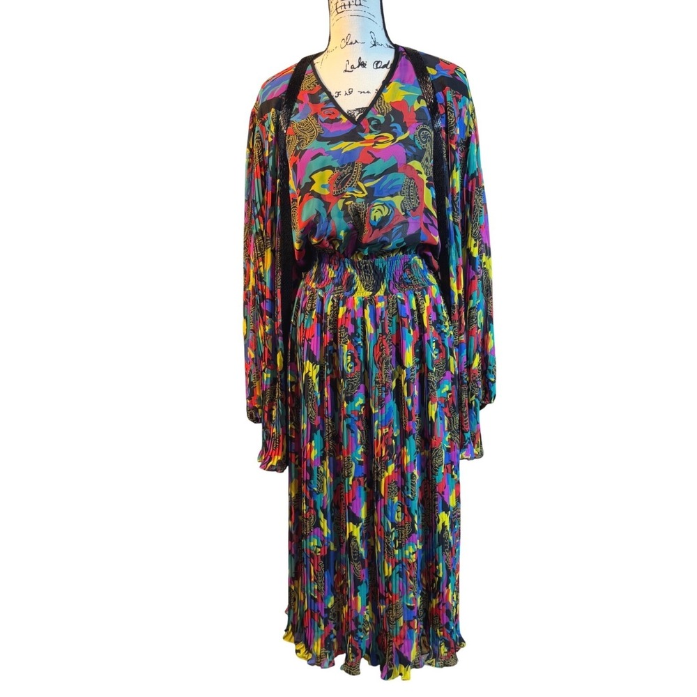 Vtg 80s Diane Freis Pleated Dress & Jacket Set Colorful‎ Abstract Georgette S/M